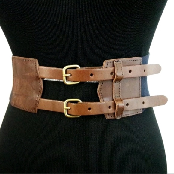 Lands' End Accessories - Lands' End Blue Canvas & Cognac Leather Wide Belt